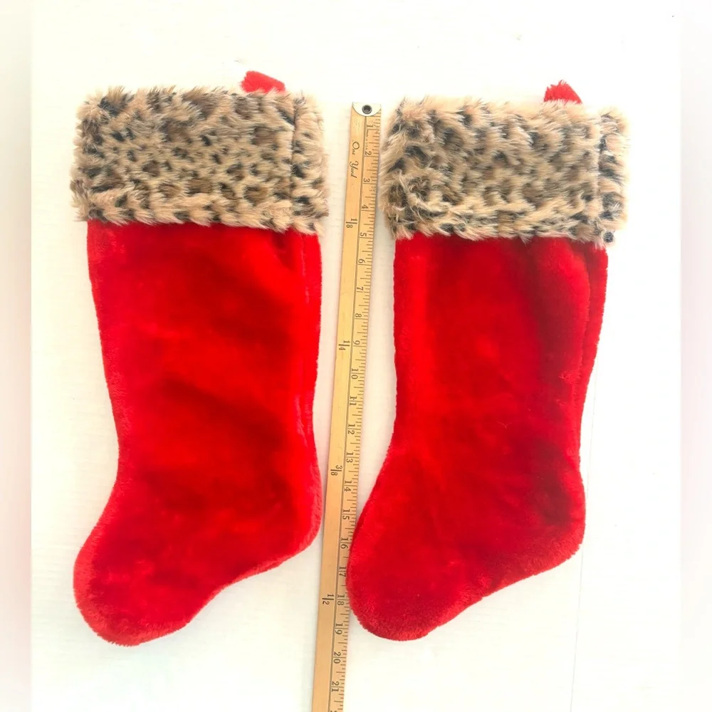 Faux‎ Fur Red Leopard Animal Trim Christmas stockings 19” NWOT